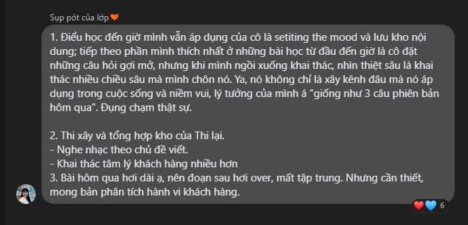 Tin nhắn học viên chia sẻ kết quả sau khóa Growth Content