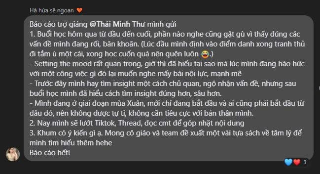 Tin nhắn học viên chia sẻ kết quả sau khóa Growth Content
